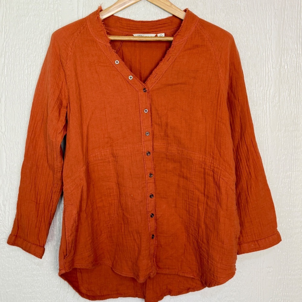Caffe Marrakesh Womens Burnt Orange Cotton Gauze Button Down Shirt Medium